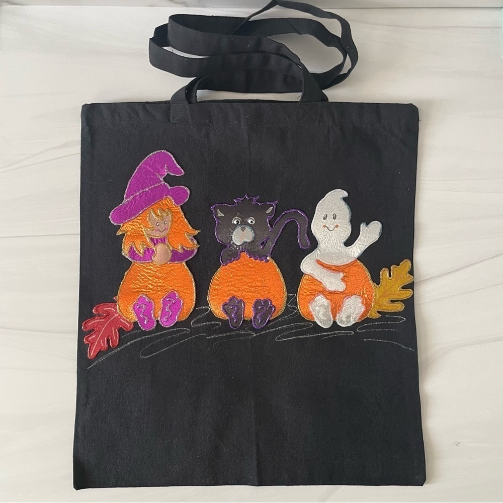 Handmade Vintage Halloween Tote Bag/Trick or Treat Bag-Halloween Friends Glitter
